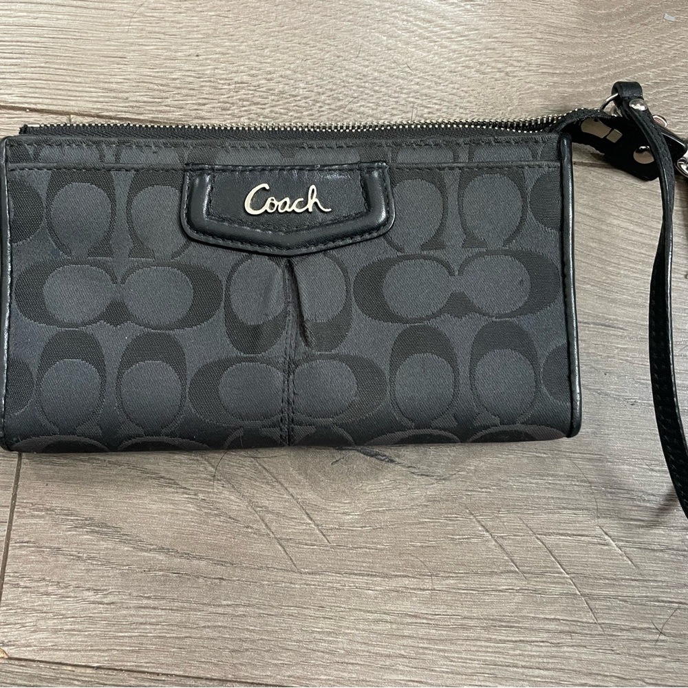 Coach Black Signature Canvas Wristlet with Silver Logo